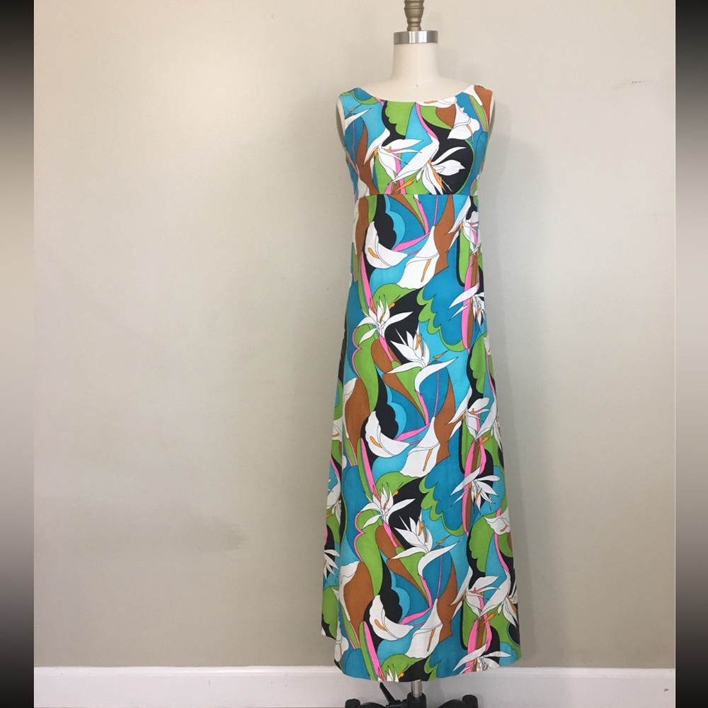 1960s Vintage Mod Calla Lily Hawaiian Maxidress by Hookano Size XS